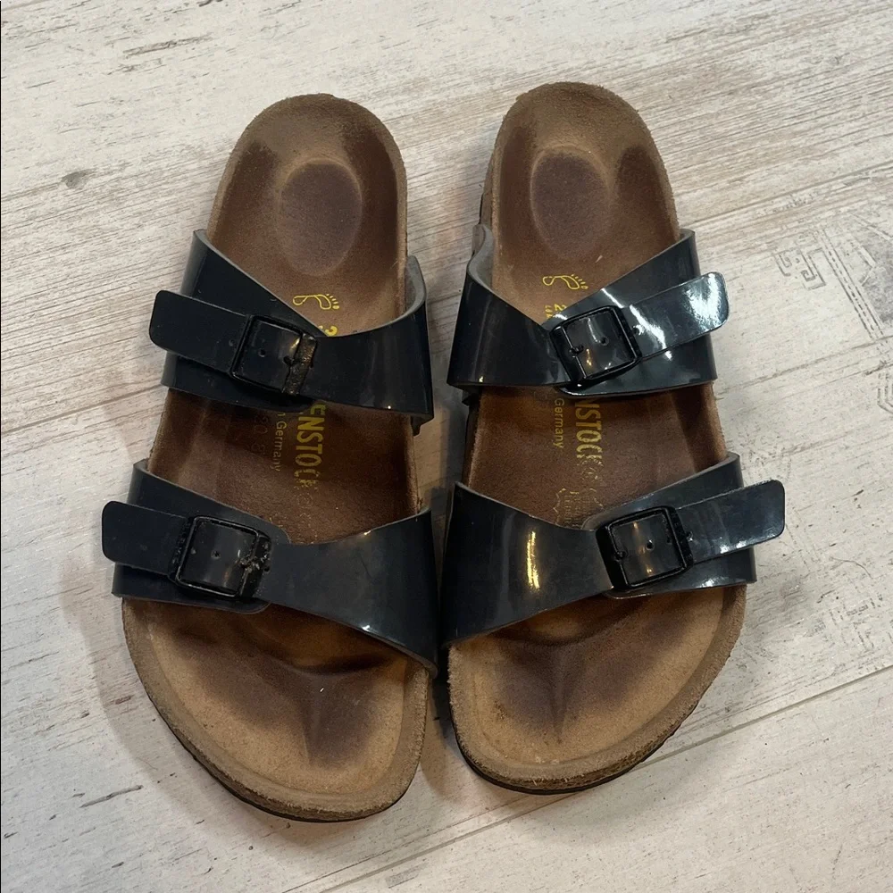 Birkenstock Arizona Dark Grey Birko-Flor Patent Sandals Size 8-8.5